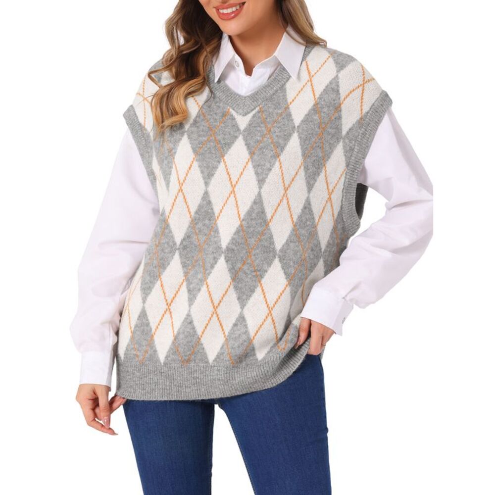 Contrast Color Vest Sleeveless Knit Loose Pullover Sweater Tops Grey